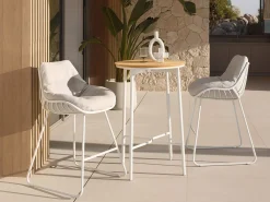 Bartisch Napoli Ø70cm Edelstahl beschichtet white Teakholz