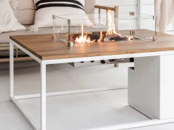 Feuertisch Cosiloft 120 white Teak Top mit Glasrahmen