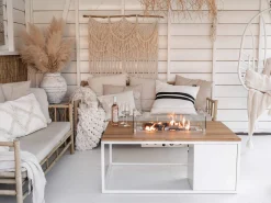 Feuertisch Cosiloft 120 white Teak Top mit Glasrahmen