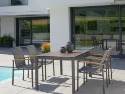 Stapelsessel Lucy Alu anthrazit Kordel Platin Teak-Armlehnen