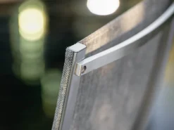 Stapelsessel Mika Teak Edelstahl Textilenbezug Leinen grau
